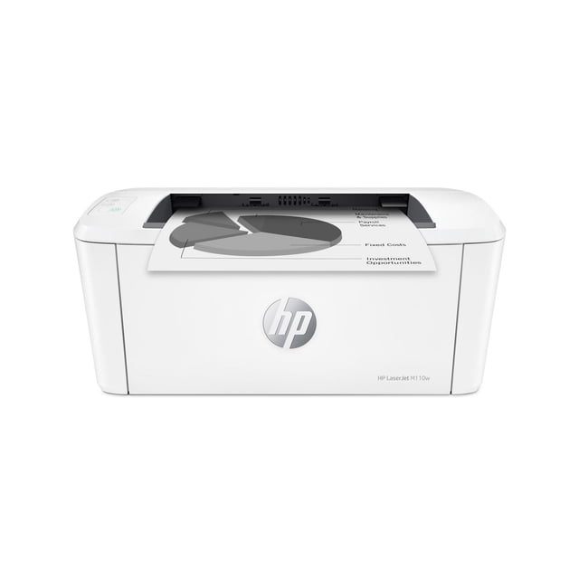 HP LaserJet M110w Wireless Black & White Laser Printer in white with a front-facing view, showing a black and white pie chart printout emerging from the top output tray, featuring the silver HP logo on the front and control buttons on the left, suitable for compact spaces and wireless printing.