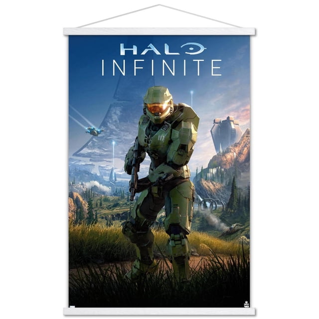Halo Infinite - Primary Vertical Wall Poster, 22.375" x 34" featuring a centered front-facing Master Chief in green armor holding a rifle, set in a grassy foreground with a detailed sci-fi landscape of mountains, futuristic structures, and flying vehicles under a blue sky. Ideal for gaming room or themed party decor.