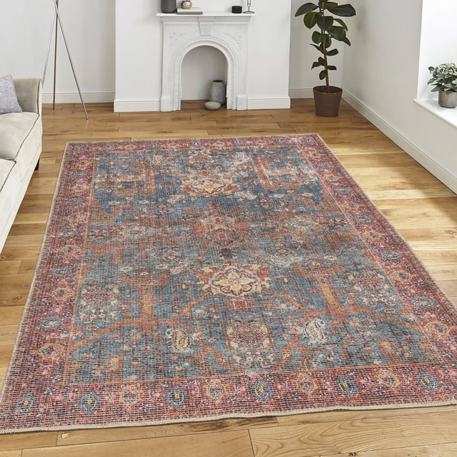 LaDole Rugs 8x10 Living Room Large Premium Cotton Washable Area Rug | Rustic Home Decor Boho Carpet For Living Room, Bedroom, Dining Floor |Blue Multicolor