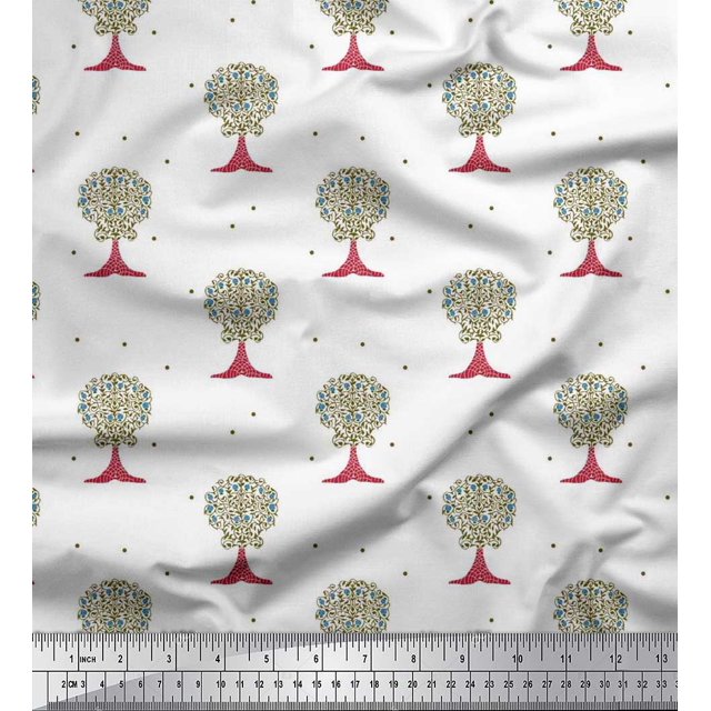 Soimoi Modal Satin Fabric Dot & Tree Block Print Fabric by The Yard 42 Inch Wide