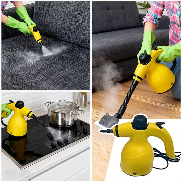 Powerful Steam Mop and Handheld Cleaner High Temperature for Deep Kitchen Sanitization with Brush Tool. The image displays a yellow steam cleaner in action, sanitizing a fabric sofa, cleaning a stovetop, and mopping a hardwood floor. It features high-pressure steam technology and a brush attachment for effective cleaning of stubborn grime and grease. Lightweight and ergonomic for extended use.