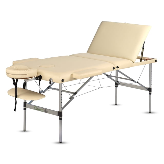 GreenLife® 3-Section 5" Luxury Aluminum Super Stable Portable Massage Table - MTA132. This high-quality massage table features a sturdy aluminum frame, a three-section adjustable design, and a padded cream-coloured surface for comfort. Includes a detachable headrest, armrests, and a lower shelf for added functionality. Ideal for professional or home spa use.
