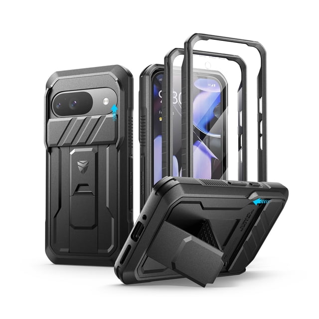 Dexnor for Google Pixel 9 case in black with a rugged full-body design, featuring a slide camera cover, built-in PET screen protector, and heavy-duty kickstand. Offers dual front frame options and military-grade shockproof protection with TPU bumpers and a PC back, ideal for outdoor adventures. Compatible with Pixel 9 2024.