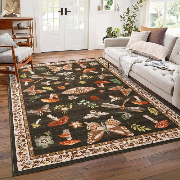 GOGRANT Washable Area Rug, Vintage Floral Insect Carpet, Brown, 5x7ft, Non-Slip Low Pile Rug for Living Room Bedroom