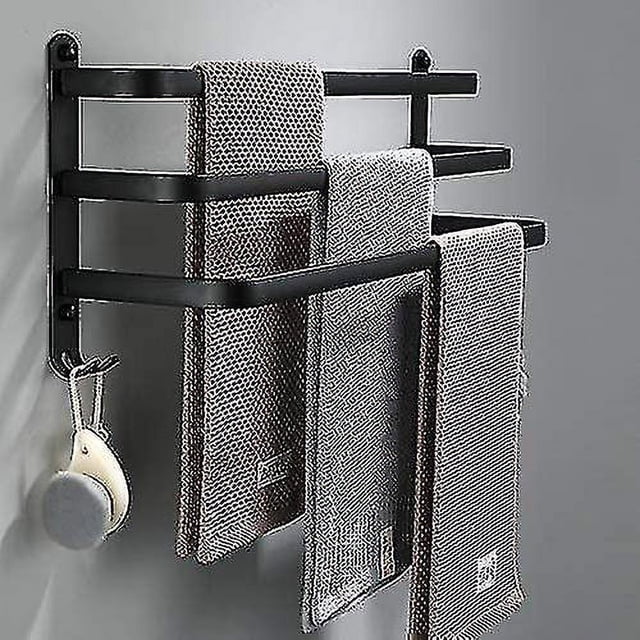 Bathroom towel racks, black wall-mounted towel bars with a three-layer space-saving design, holding multiple towels and accessories. Made of lightweight aluminum alloy, corrosion-resistant and waterproof, suitable for bathrooms, kitchens, and hairdressers. Features double hooks and easy installation options, including drill-free mounting.