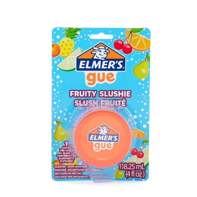 Elmer's Gue Premade Slime Fruity Slushie scented crunchy slime in a 118.25 mL (4 fl oz) orange container with foam beads, on a blue card featuring fruit illustrations including cherries, pineapple, pear, and orange slices, suitable for sensory play.