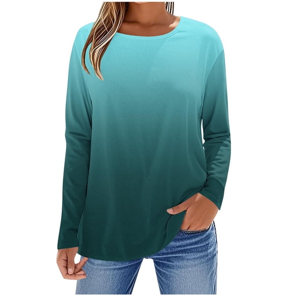 SROBPTY Womens Long Sleeve Shirts, Women's Fashion Fallow Printing Round Neck Long Sleeves T-Shirt Top Light Blue, L