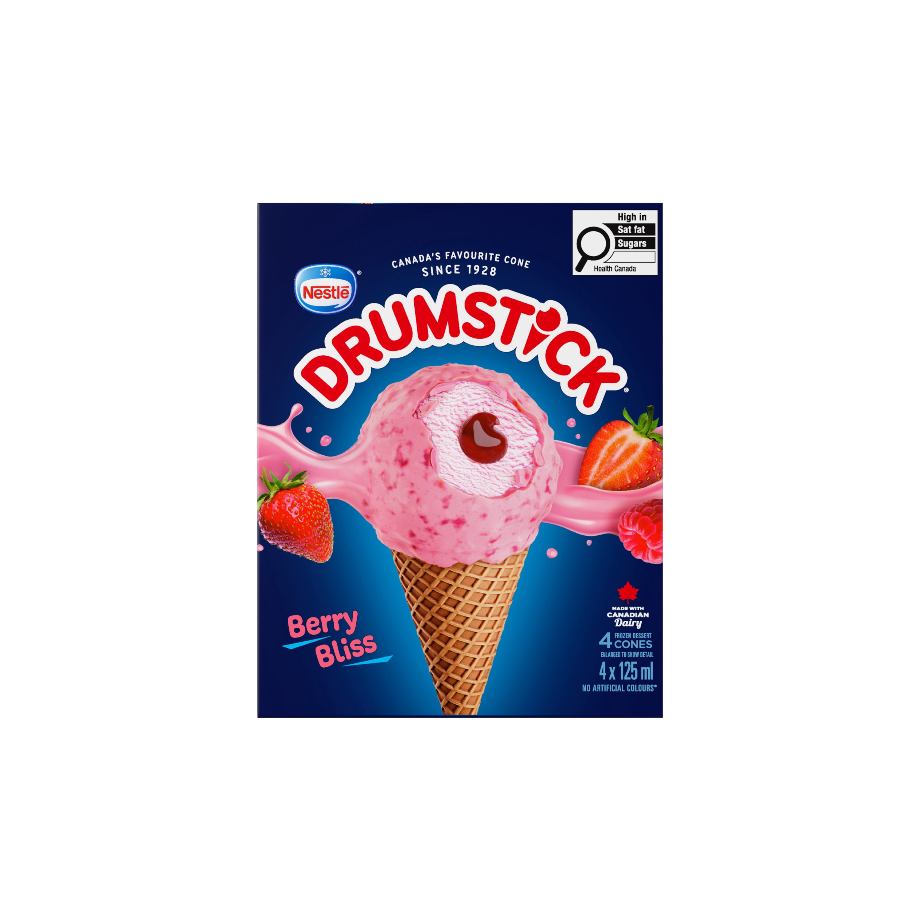 DRUMSTICK Cornet Délice aux petits fruits, dess. glacé fraises, enrob. choco. blanc 4 x 125 ml
