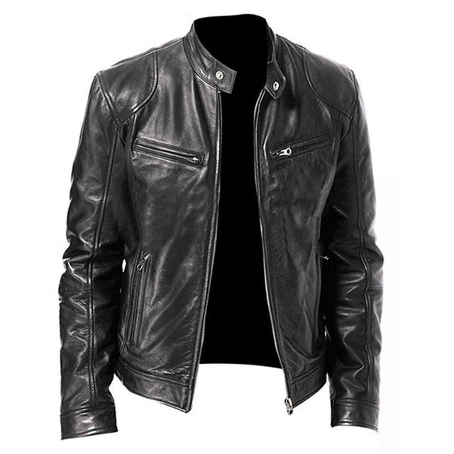 Hontri Men's Vintage Leather Jacket in black, size M. This men's jacket features a stand collar, long sleeves, and a solid black design with a sleek, vintage-inspired look. Made of polyester with slight stretch for comfort and durability, it is suitable for casual, fashion, and club settings during autumn and winter. The jacket includes zippered chest and side pockets for added functionality.