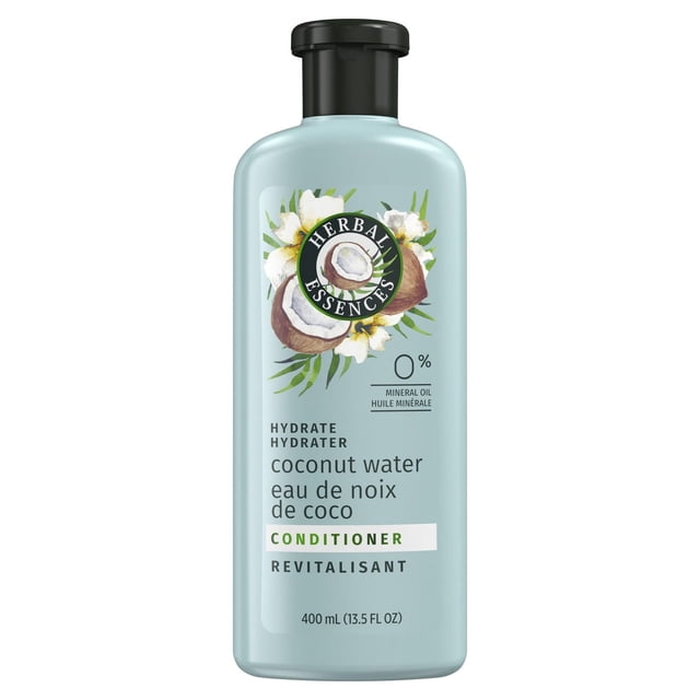 Herbal Essences Classics Hydrate Coconut Water & Jasmine Conditioner in a 400 mL light blue bottle with black flip-top cap, featuring coconut and jasmine flower graphics, 0% mineral oil, pH-balanced, colour-safe, and cruelty-free formula for hydrated hair.