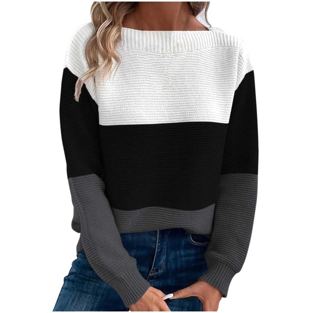 cfhntfmh Sweaters pour Femmes Pull à Manches Longues Col Rond Décontracté Doux Tricoté Automne 2024 Color Block