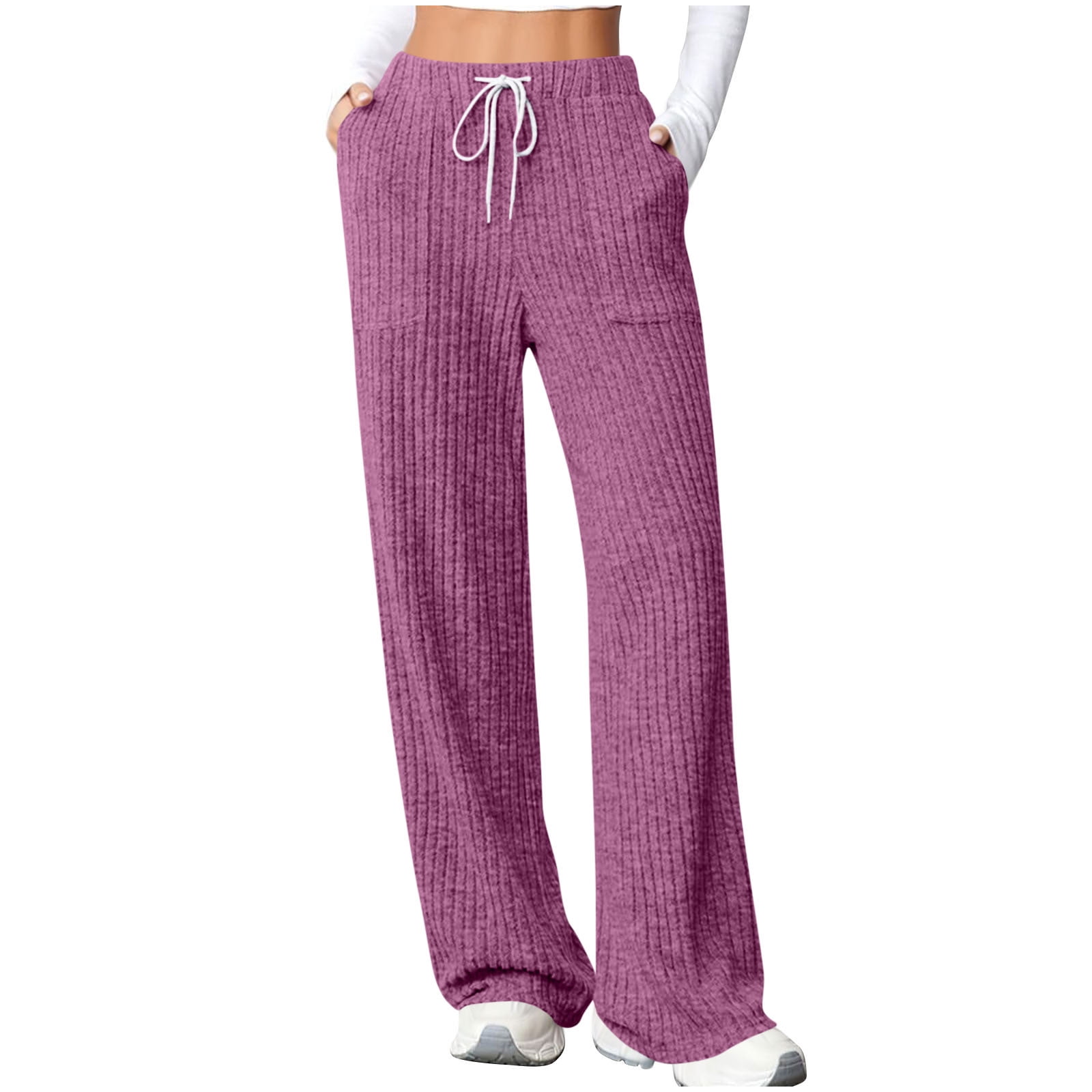 fatyb Womens Casual Ribbed Knit Pants Wide Leg Lounge Pants with Pockets Drawstring Loose Comfy Trousers