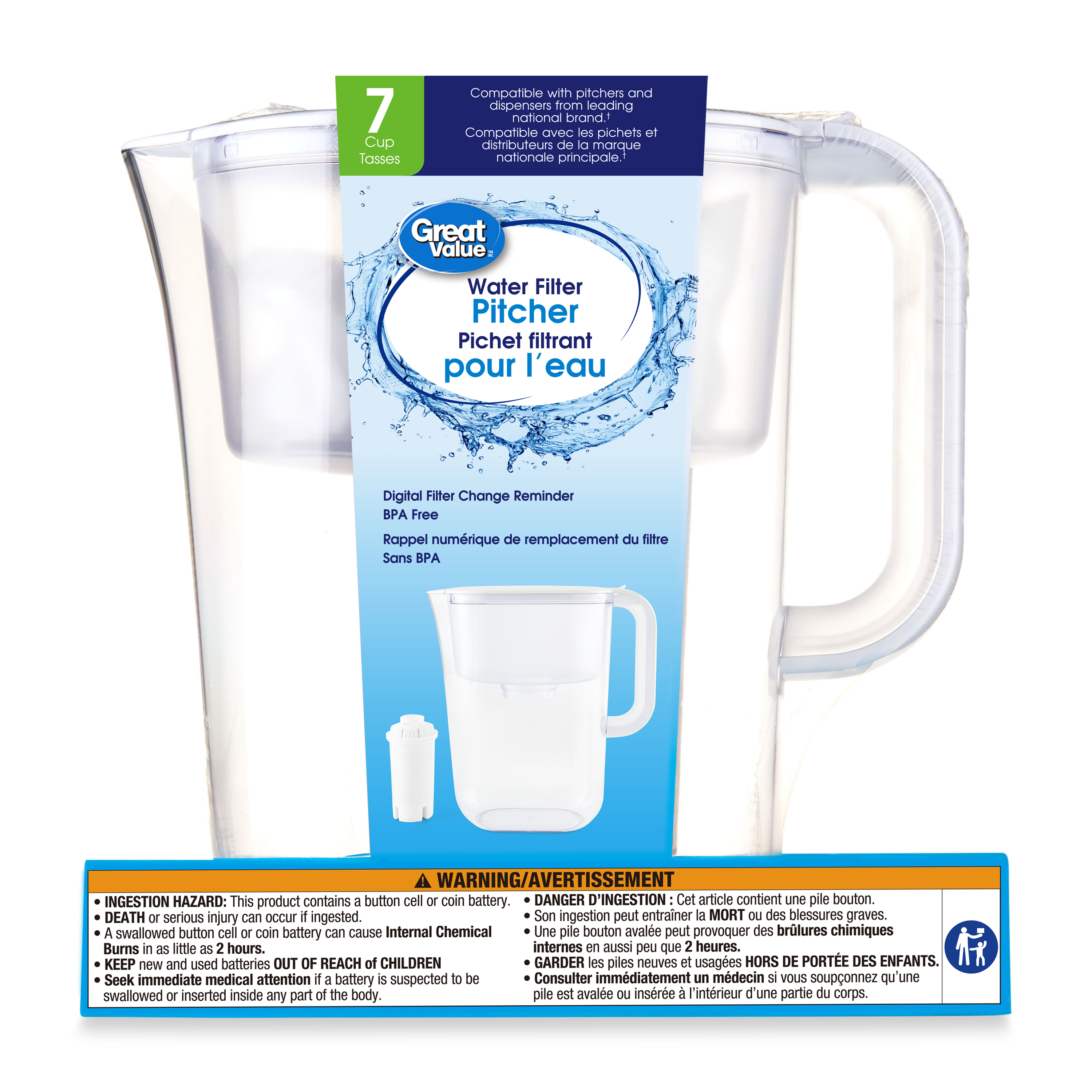 Pichet filtreur à eau Great Value, série 7 tasses, couleur blanche, sans BPA, compatible avec les filtres Brita, certifié NSF, indicateur minuteur numérique, HS528