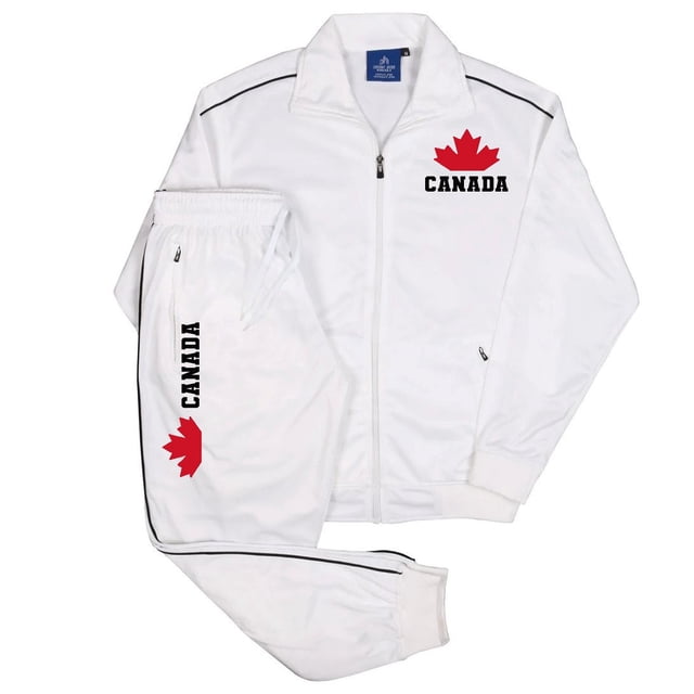 Men's Canada Print Designer Heritage Tracksuit by Royal Threads, featuring a white full-zip track jacket with a stand collar, two zippered side pockets, and a red maple leaf and 'Canada' print on the chest. The set includes matching trimmed jogger track pants with two zippered side pockets and a similar maple leaf and 'Canada' print on the leg. Made from comfortable track material, ideal for spring and fall weather.