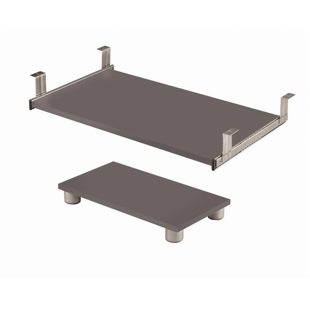Bestar Connexion Keyboard Shelf and CPU Platform in matte dark grey, featuring a keyboard shelf with ball-bearing slide brackets for smooth, quiet use and a CPU platform with four metal legs, suitable for ergonomic office and computer organization.