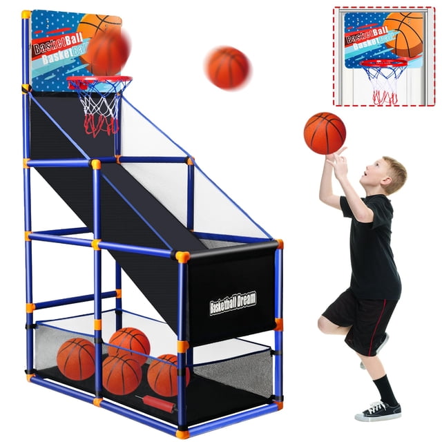 Ensemble de Jeu de Basketball Arcade pour Enfants, Jouets Garçon Panier de Basketball avec 4 Ballons pour 3 à 12 Ans, Hauteur Réglable avec Pompe et Filet de Rangement pour Jeux Sportifs Intérieurs Extérieurs pour Enfants, C