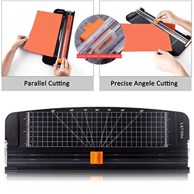 SDNall A4 Plastic Base Paper Cutter featuring a multicolour design with a transparent bar and orange slider for precise cutting. The cutter measures 36 x 9.3 x 3 cm and can cut up to 12 sheets of standard 80g/m² paper. Ideal for A3, A4, and A5 paper, cards, and photos, suitable for home, office, school, and manual use. The image shows the cutter in use for parallel and angled cuts, with a close-up of the carbon steel blade.
