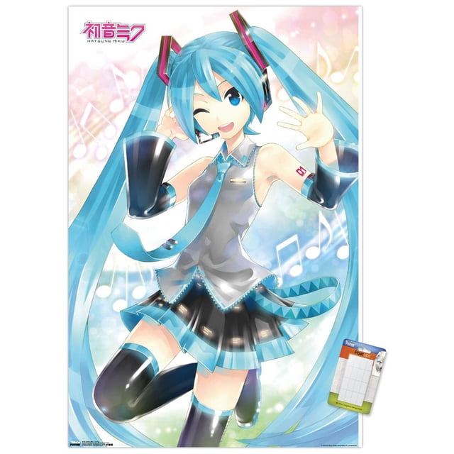 Hatsune Miku - Affiche Murale Ondulante, 22,375 Pouces x 34 Pouces Mettant en Vedette le Personnage d'Anime Hatsune Miku avec de Longues Queues Jumelles turquoise, Portant un Haut Argenté Sans Manches avec Bordure Bleue, une Cravate Bleue, une Jupe Plissée Noire et Bleue et des Cuissardes Noires. l'Affiche Brillante Montre des notes de Musique sur un Fond Rose pastel et Bleu, Parfaite pour la Décoration Murale de Chambre Ou de Bureau.