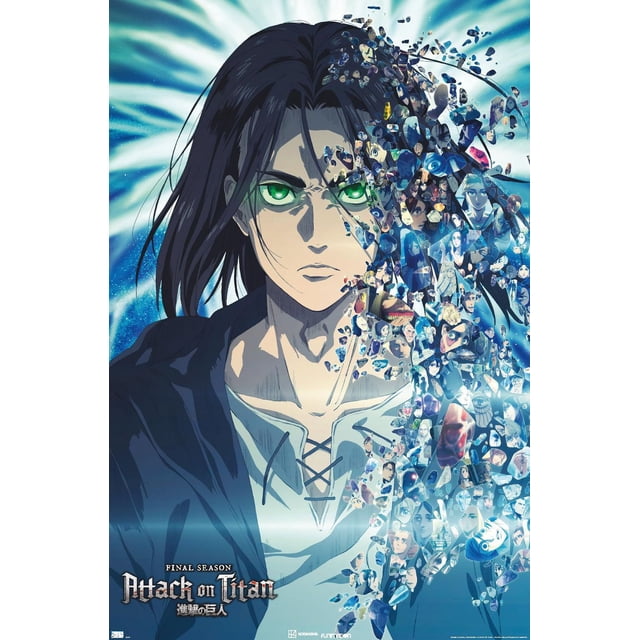 Attack on Titan : la Saison Finale - Affiche Murale de Fragments Représentant un Personnage d'Anime Centré aux Longs Cheveux Noirs Portant une Chemise Blanche à Lacets et une Veste Foncée, le Côté Droit Se Dissolvant en de Nombreux Petits Fragments Montrant Divers Personnages et Scènes de la Série sur un Fond Bleu Radieux.