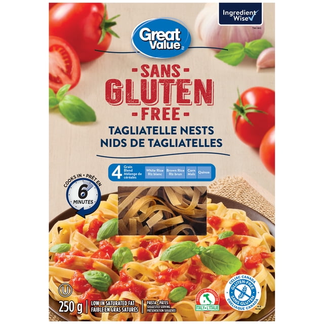 Great Value Gluten-Free Tagliatelle Nests package showing dried pasta made from a four-grain blend of white rice, brown rice, corn, and quinoa. The front displays a serving suggestion of cooked tagliatelle with tomato sauce and basil leaves. Certified gluten-free by Celiac Canada, kosher, low in saturated fat, and cooks in 6 minutes. Product of Italy with Ingredient Wise certification, ideal for gluten-sensitive diets.