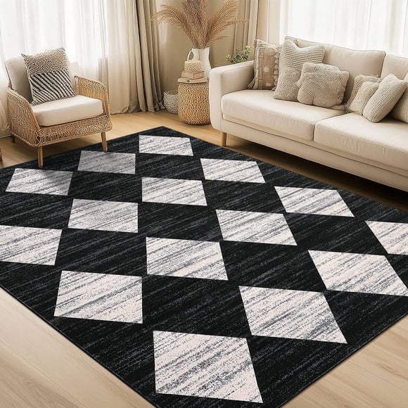 9x12 Area Rug Washable Black Rug for Living Room Dining Room Low Pile Neutral Area Rugs Modern Geometric Checkered Rugs Low Pile Farmhouse Floor Cover