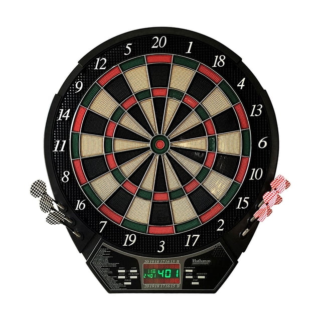 Hathaway Magnum Dartboard Électronique à Embout Souple avec Zone Cible de 15,5 Po de Diamètre, Cadre Noir, segments de Pointage Numérotés en beige, Rouge et Vert, Pointage Électronique avec Écran DEL Vert et Commandes à Bouton-Poussoir, Comprend Deux Ensembles de Fléchettes à Embout Souple à Carreaux Noirs et Rouges, Convient jusqu'à 8 Joueurs et 20 options de Jeu.