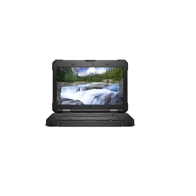 Refurbished Dell Latitude 5420 Intel i7-8650U laptop with black rugged design shown front-facing open, displaying a waterfall landscape on screen. This refurbished business laptop runs Windows 10 Pro 64 Bit, suitable for professional and remote work use.