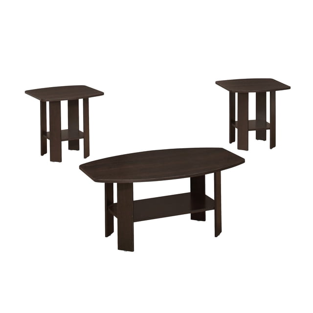 Monarch Specialties Table Set, 3pcs set with one coffee table and two end tables in brown laminate featuring modern angled legs and open lower shelves for storage or display, suitable for living room settings.
