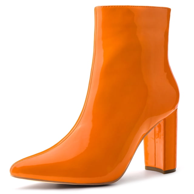 Unique Bargains Women's Pointed Toe Zipper Patent Leather Ankle Chunky Boots