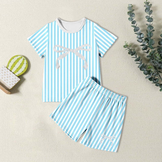 Ensemble de Sommeil d'Été pour Filles Style Coréen, Confortable, à Rayures, Manches Courtes, Deux Pièces, pour Usage Quotidien et Activités Extérieures