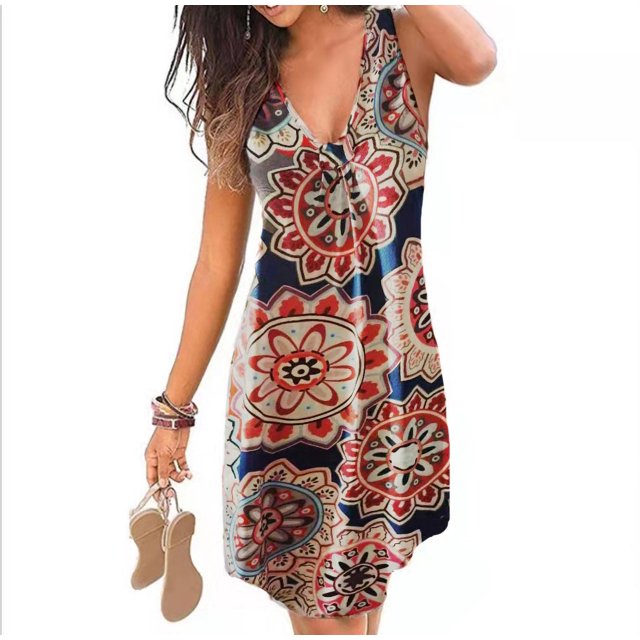 Nouvelle Robe Mini Décontractée Sans Manches à Col en V Sexy Boho Plage pour Femmes