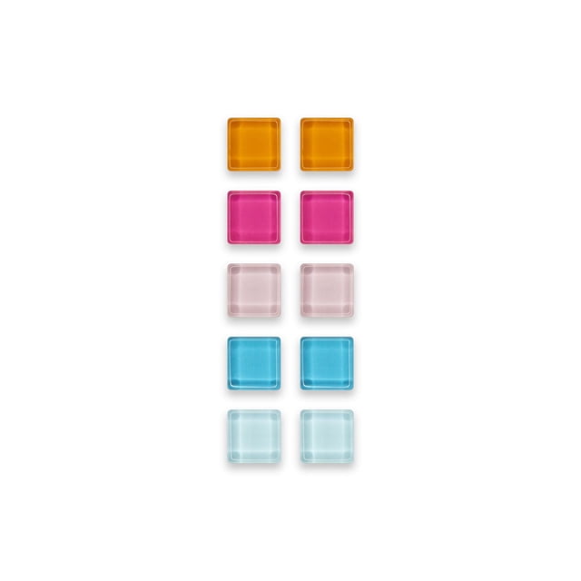 Quartet Mini Square Magnets in assorted colours, displayed in five pairs vertically on a white background, featuring orange, pink, light pink, blue, and light blue translucent squares with strong magnetic backing, ideal for organizing papers on whiteboards, refrigerators, and lockers.