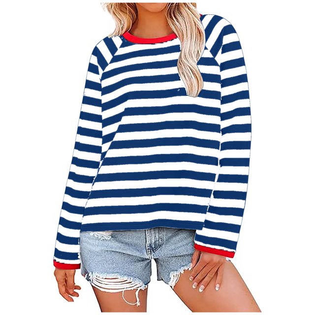 Womens Tops Striped Crewneck Long Sleeve Color Block Tshirts Fall Casual Loose Comfy Blouse