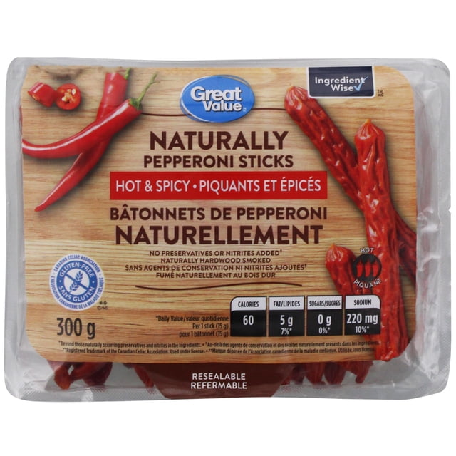 Great Value Naturally Hot & Spicy Pepperoni Sticks in a 300 g resealable package featuring naturally hardwood smoked pepperoni sticks with no preservatives or nitrites added, gluten-free certified, and nutrition facts including 60 calories and 220 mg sodium per stick, ideal for a spicy snack on the go.