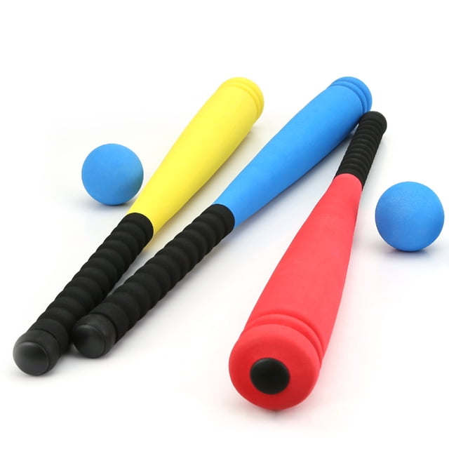 Travelwant Foam Baseball Bat and Ball Set featuring three foam bats in blue, red, and yellow with black ergonomic non-slip grips, and two foam balls in random colors. Made of durable PVC and EVA materials, the bat measures approximately 54cm in length and 5cm in width, while the ball has a diameter of 6cm. Designed for children to practice batting and engage in parent-child activities.