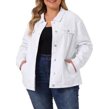 Agnes Orinda Women's Plus Size Jean Jacket Stitching Button Washed Denim Outerwear Coat 5X White