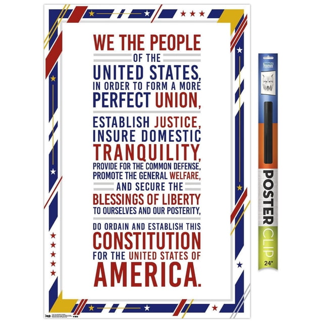 Les États-Unis d'Amérique - Affiche Murale du Préambule Constitution, 22,375 Pouces x 34 Pouces, Montrant le Texte du Préambule en Typographie Rouge et Bleue sur Fond Blanc avec une Bordure Patriotique d'Étoiles et de Rayures en Rouge, Bleu, Jaune et Blanc, Imprimée sur Papier Brillant avec Supports Adhésifs Inclus, Convient à la Décoration Murale de la Maison, du Bureau Ou de l'Éducation.