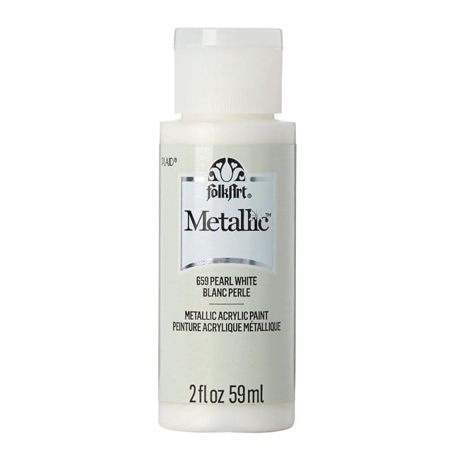 Folkart Metallic Acrylic Paint, Pearl White, 2 fl oz bottle with white cap and label showing black text. This creamy acrylic paint offers a shiny metallic finish ideal for DIY projects on wood, paper, canvas, and more.