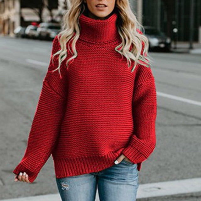 Aqestyerly Cardigans Tricotés pour Femmes de Couleur Rouge Unie Décontractée avec une texture Tricotée Épaisse, Manches Longues et Col Roulé. Idéal pour l'Hiver, l'Usage Quotidien, les Voyages Ou les occasions de Vacances. Stylé avec des jeans dans un Cadre Urbain Extérieur, Parfait pour la Catégorie Chandails pour Femmes.