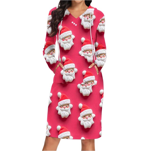 TIMIFIS Robe Chandail à Capuche pour Femme, Imprimé de Noël, Ample, Manches Longues, Haut Chandail à Capuche, Robe à Capuche avec Poches