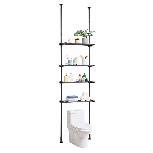 KFFKFF Bathroom Storage Above Toilet, a 4-level adjustable organizer made of eco-friendly steel, shown installed above a white toilet. The black storage rack features four customizable shelves holding toiletries, towels, and decorative items. The telescopic design allows height adjustment between 53 and 132 inches, making it suitable for various bathroom layouts. The sturdy construction ensures stability, and the open shelf design prevents water accumulation. Ideal for maximizing vertical space in bathrooms or laundry rooms.