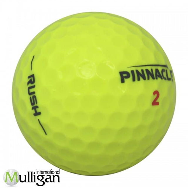 Mulligan - 60 Pinnacle Rush 4A Recycled Used Golf Balls, Yellow featuring a close-up of a yellow Pinnacle Rush golf ball with dimpled texture, black 'RUSH' and 'PINNACLE' branding, and red number 2, emphasizing its recycled near-mint condition and performance benefits for tee-to-green distance and short game control.