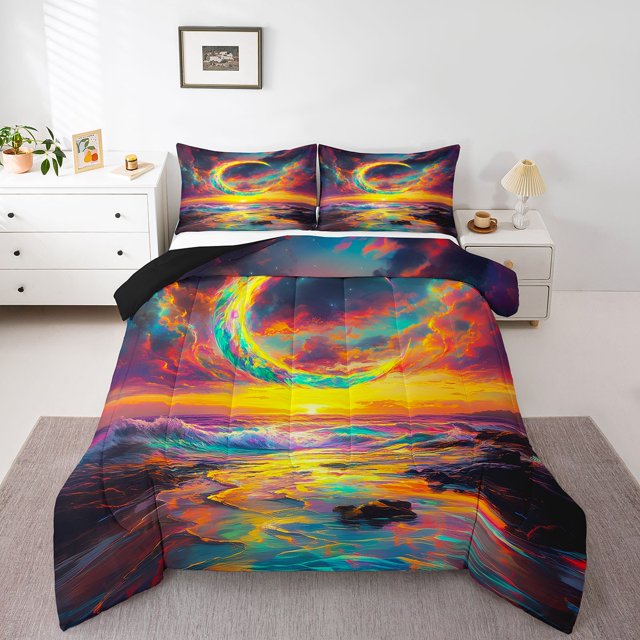 Erosebridal Ensemble de Couette Simple à Imprimé Lune de Rêve, Couette en Duvet Paysage Arc-en-Ciel Bohème, Réversible 2 Pcs