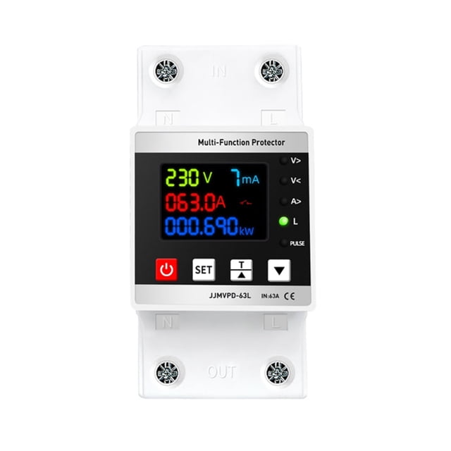 Tignapoo 63A Color Screen Voltage Protector with Auto Reclosing, Remote Control, Adjustable Settings, and Real-Time Monitoring for Home and Commercial Use (White, Non-WiFi)