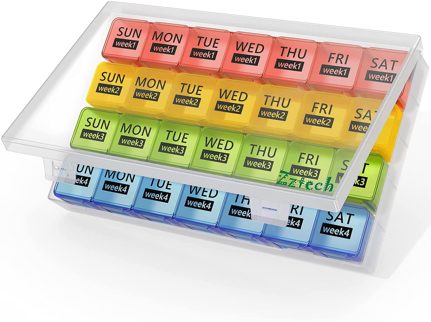 Zzteck Monthly Pill Organizer 28 Day Pill Box Organizerd , Large 4 Weeks One Month Pill Cases with Dust-Proof Container for Pills, Vitamin, Fish Oil, Supplements (Rainbow)