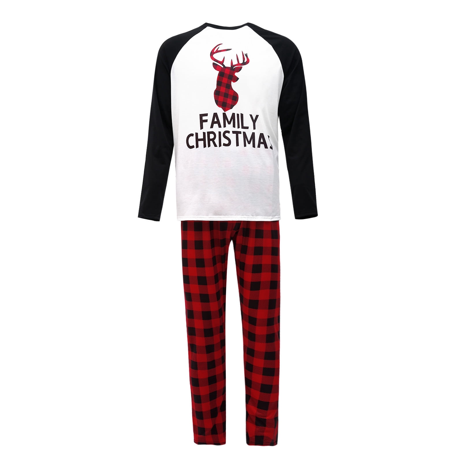 Kmbangi Pyjamas de Noël pour la Famille, Hauts Raglan Cerf + Pantalons à Carreaux