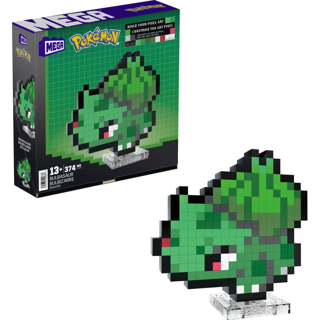 MEGA Pokémon Bulbasaur Ensemble de Construction avec 374 Pcs Présentant une Figurine Bulbasaur de style art pixel dans des Nuances Vertes et des Contours Noirs, Debout 6 Pouces de Hauteur sur une base en Plastique Transparent. Cet Ensemble de Collection d'Inspiration Rétro Est Idéal pour 13 Ans et Plus et Peut Être Exposé sur un Bureau Ou Monté sur un Mur.