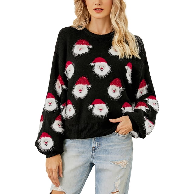 Kcodviy Chandail Tricoté de Noël pour Femme à Demi-Glissière Contrastée, Chandail à Capuchon à Lettres Rayées, Motif Mignon de Tête de Père Noël, Chandail Froid, Chandail à Col Rond