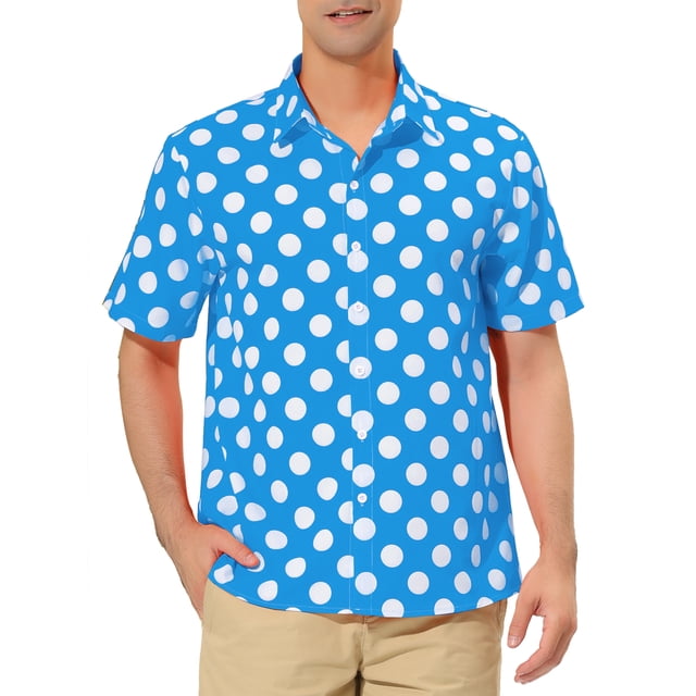 INSPIRE CHIC Men's Summer Polka Dots Shirt Button Down Short Sleeves Pattern Shirts S Blue