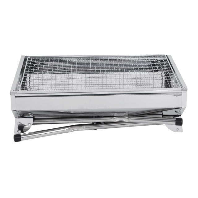 DJN Clearance Sale Barbecue Grill, a portable stainless steel folding BBQ grill with a silver finish and mesh grilling surface. Compact tabletop design suitable for camping, shish kabob, and outdoor cooking. Perfect for portable charcoal BBQ enthusiasts.